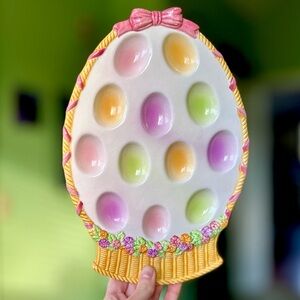 VTG Hand Painted Egg Wicker Basket Colorful Ceramic Egg Holder Cottage Platter